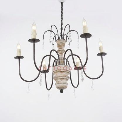 AnticoArte 6-Arm Whitewashed Wood Crystal Chandelier | Two-Tier French Country Candelabra Ceiling Light | Farmhouse Wooden Chandelier with Crystal Drops for Dining Room & Living Room Décor