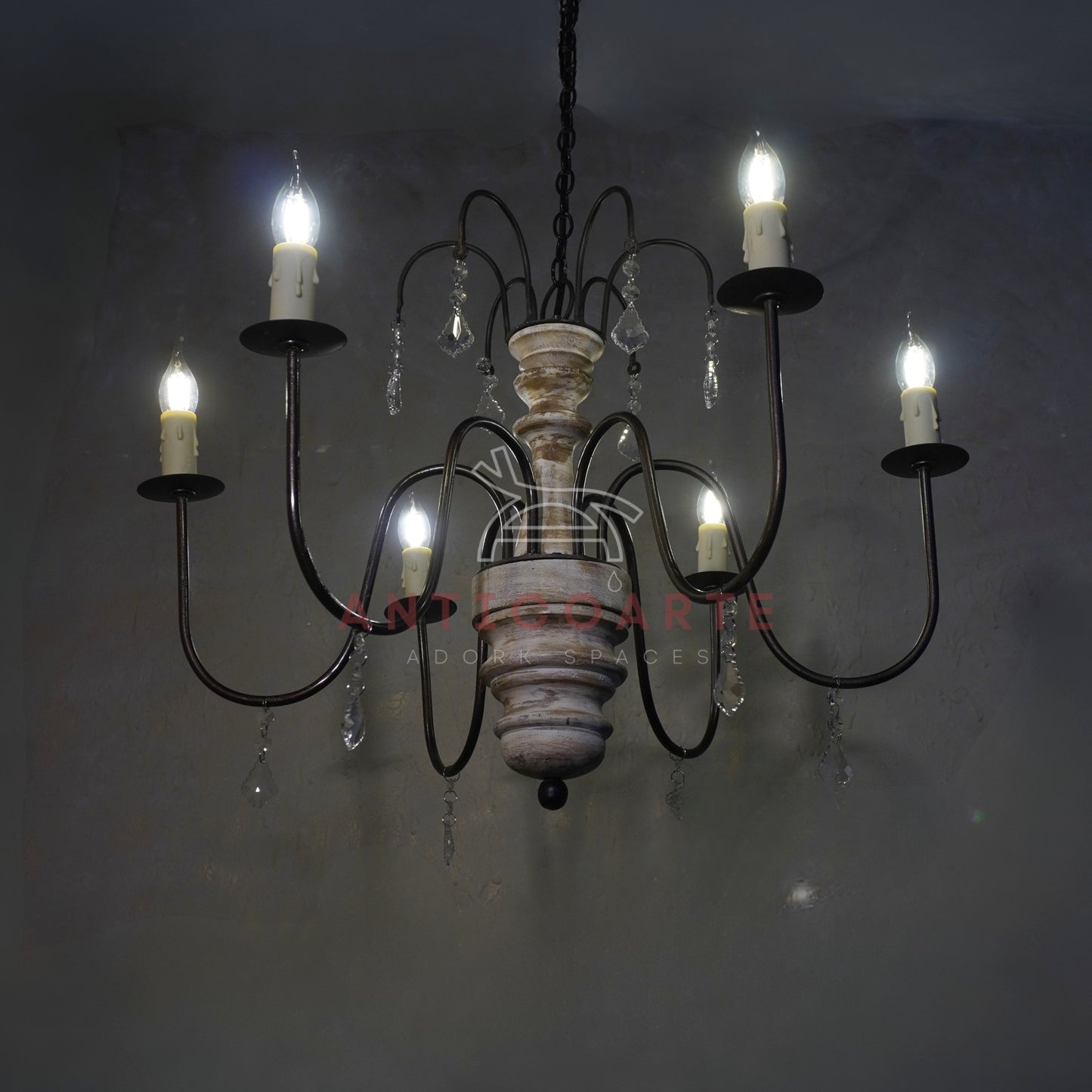 AnticoArte 6-Arm Whitewashed Wood Crystal Chandelier | Two-Tier French Country Candelabra Ceiling Light | Farmhouse Wooden Chandelier with Crystal Drops for Dining Room & Living Room Décor