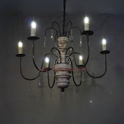 AnticoArte 6-Arm Whitewashed Wood Crystal Chandelier | Two-Tier French Country Candelabra Ceiling Light | Farmhouse Wooden Chandelier with Crystal Drops for Dining Room & Living Room Décor