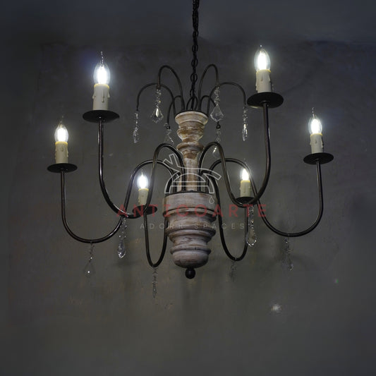 AnticoArte 6-Arm Whitewashed Wood Crystal Chandelier | Two-Tier French Country Candelabra Ceiling Light | Farmhouse Wooden Chandelier with Crystal Drops for Dining Room & Living Room Décor