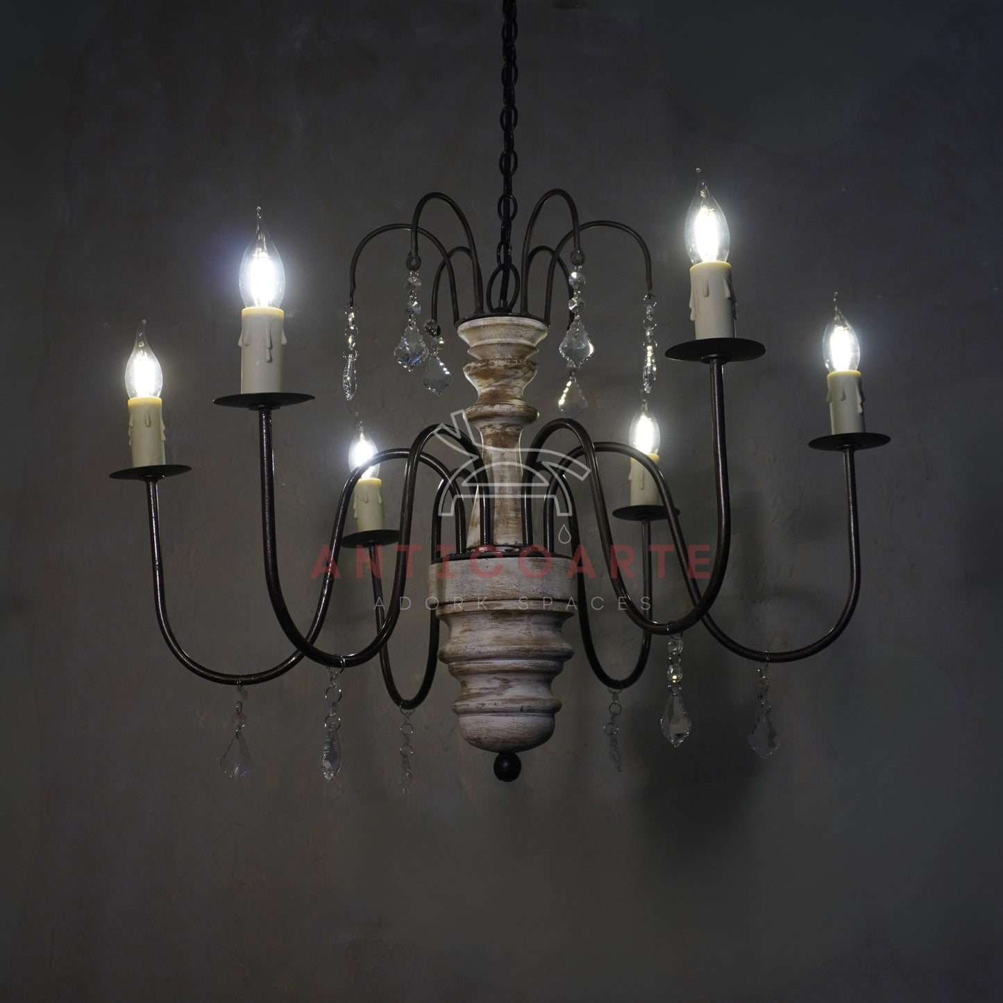 AnticoArte 6-Arm Whitewashed Wood Crystal Chandelier | Two-Tier French Country Candelabra Ceiling Light | Farmhouse Wooden Chandelier with Crystal Drops for Dining Room & Living Room Décor