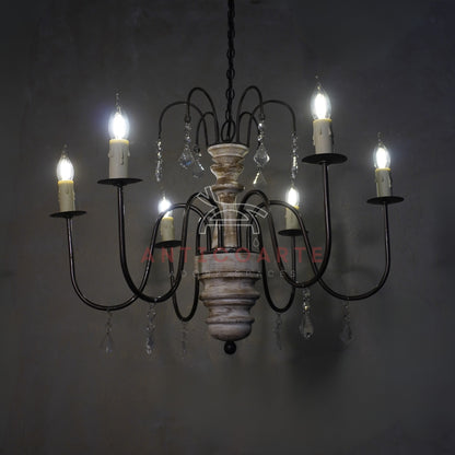 AnticoArte 6-Arm Whitewashed Wood Crystal Chandelier | Two-Tier French Country Candelabra Ceiling Light | Farmhouse Wooden Chandelier with Crystal Drops for Dining Room & Living Room Décor