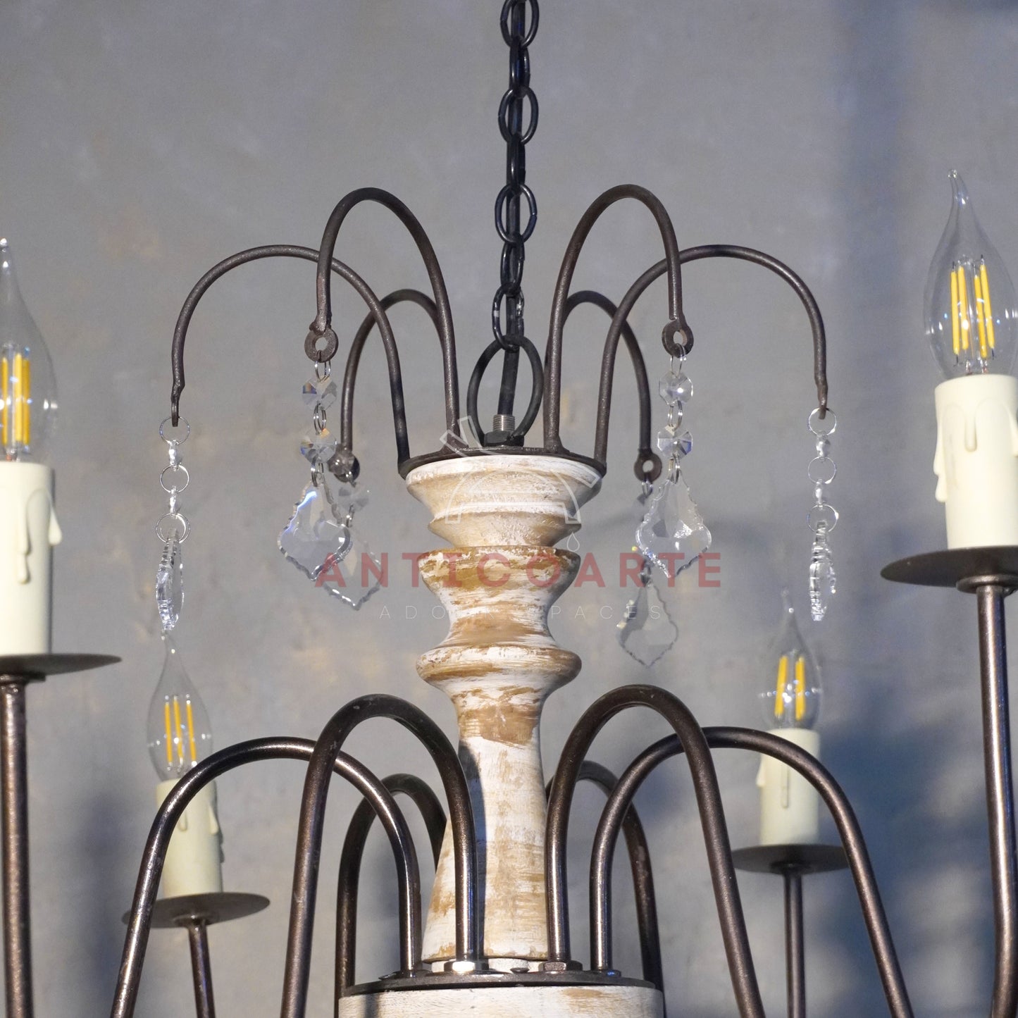AnticoArte 6-Arm Whitewashed Wood Crystal Chandelier | Two-Tier French Country Candelabra Ceiling Light | Farmhouse Wooden Chandelier with Crystal Drops for Dining Room & Living Room Décor