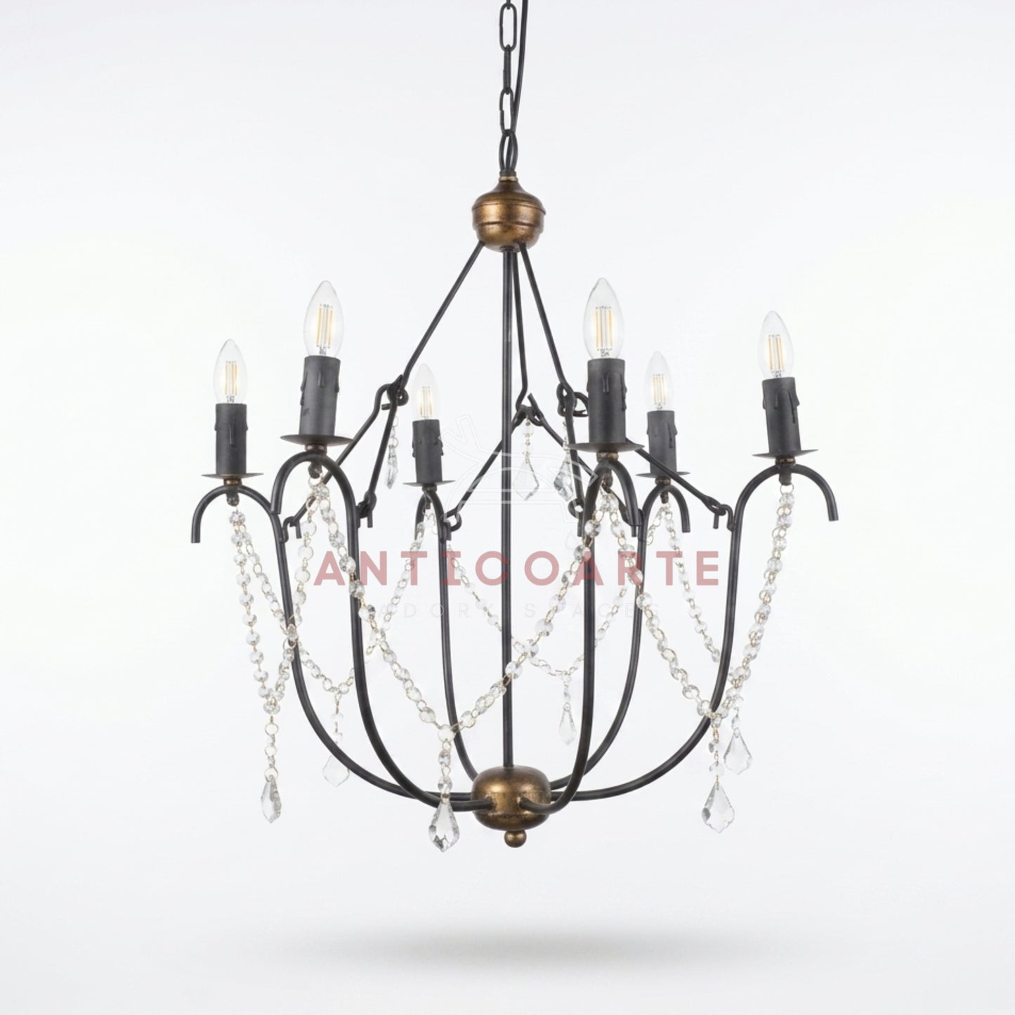 AnticoArte 6-Arm Black Iron Crystal Garland Chandelier | Bronze Accent Cage Candelabra Ceiling Light | French Country Draped Crystal Chandelier for Dining Room & Living Room Décor
