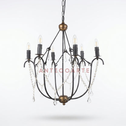 AnticoArte 6-Arm Black Iron Crystal Garland Chandelier | Bronze Accent Cage Candelabra Ceiling Light | French Country Draped Crystal Chandelier for Dining Room & Living Room Décor