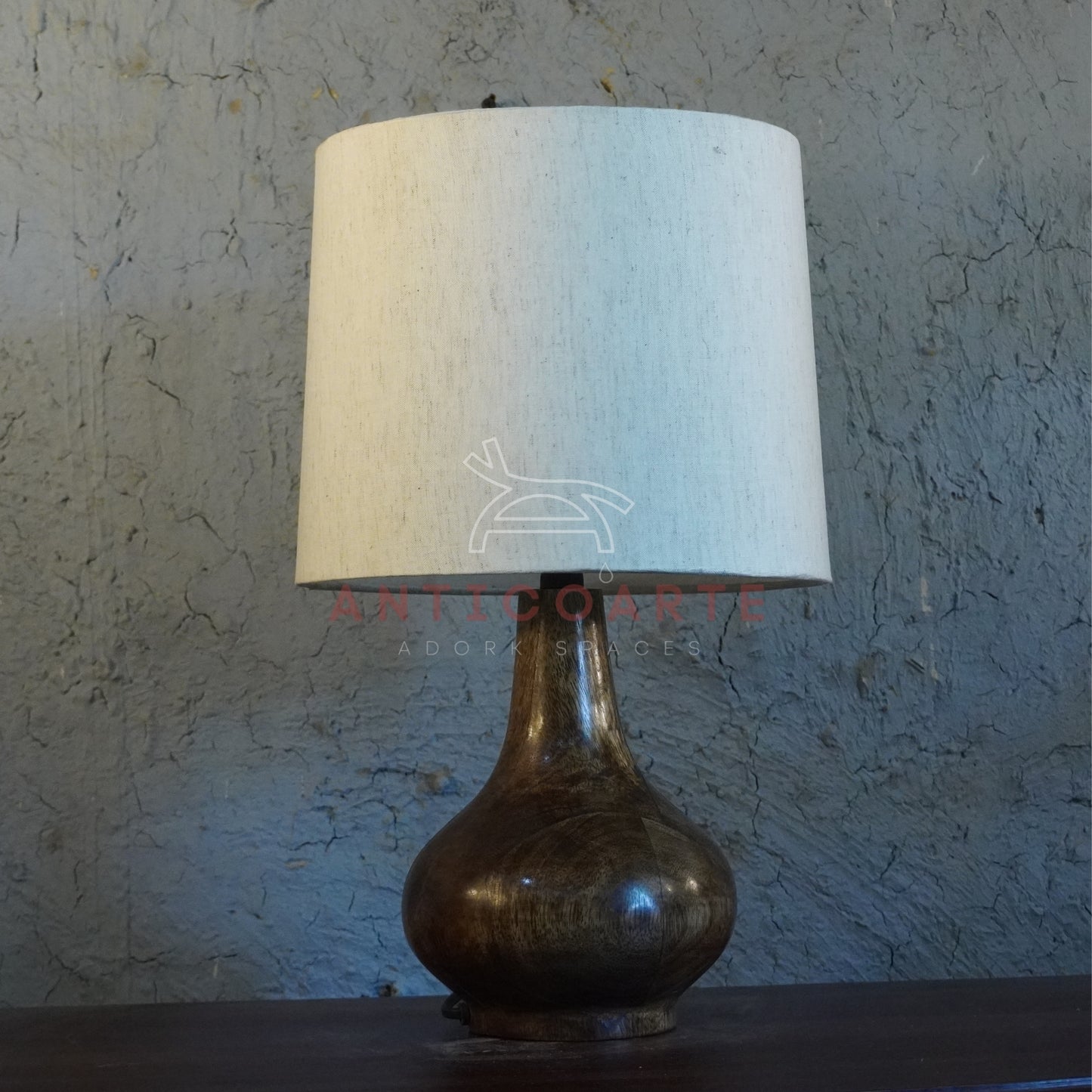 AnticoArte Teardrop Wood Table Lamp | Natural Linen Drum Shade Bedside Lamp | Hand-Turned Bulbous Wooden Base Table Light for Home & Hotel Decor
