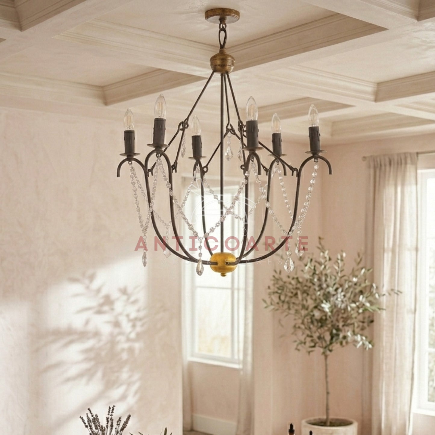 AnticoArte 6-Arm Black Iron Crystal Garland Chandelier | Bronze Accent Cage Candelabra Ceiling Light | French Country Draped Crystal Chandelier for Dining Room & Living Room Décor