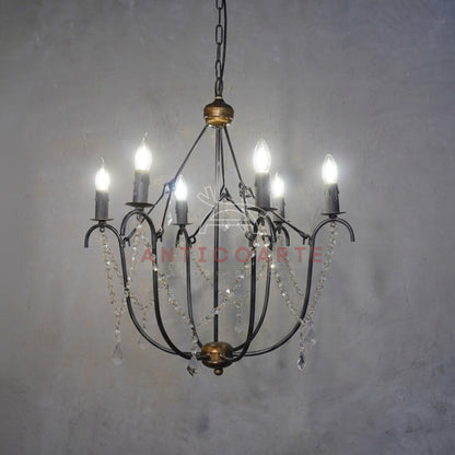 AnticoArte 6-Arm Black Iron Crystal Garland Chandelier | Bronze Accent Cage Candelabra Ceiling Light | French Country Draped Crystal Chandelier for Dining Room & Living Room Décor