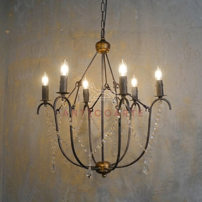 AnticoArte 6-Arm Black Iron Crystal Garland Chandelier | Bronze Accent Cage Candelabra Ceiling Light | French Country Draped Crystal Chandelier for Dining Room & Living Room Décor