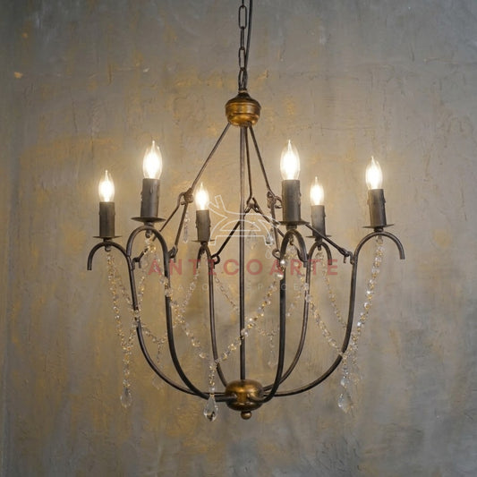 AnticoArte 6-Arm Black Iron Crystal Garland Chandelier | Bronze Accent Cage Candelabra Ceiling Light | French Country Draped Crystal Chandelier for Dining Room & Living Room Décor