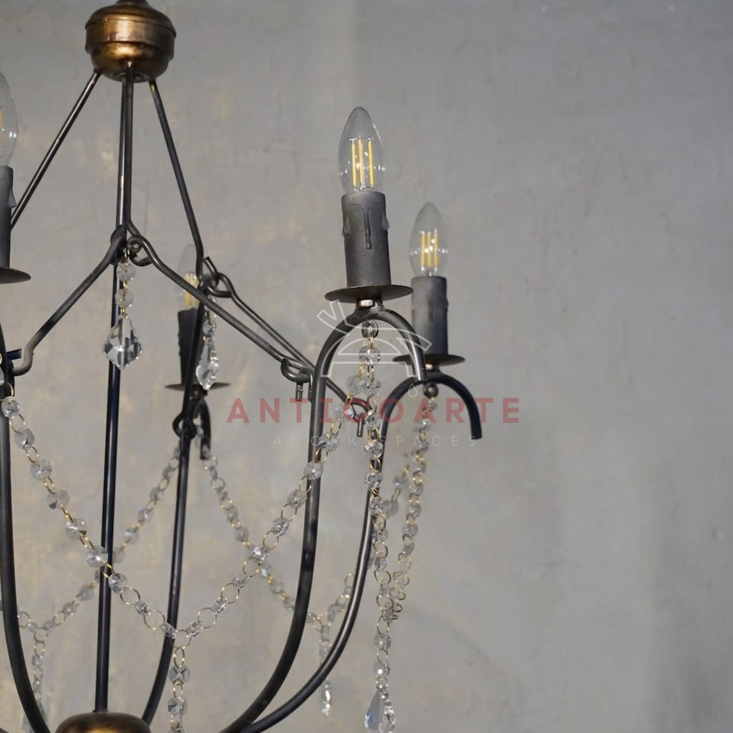 AnticoArte 6-Arm Black Iron Crystal Garland Chandelier | Bronze Accent Cage Candelabra Ceiling Light | French Country Draped Crystal Chandelier for Dining Room & Living Room Décor