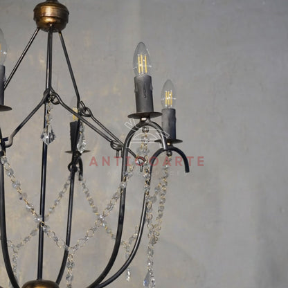 AnticoArte 6-Arm Black Iron Crystal Garland Chandelier | Bronze Accent Cage Candelabra Ceiling Light | French Country Draped Crystal Chandelier for Dining Room & Living Room Décor