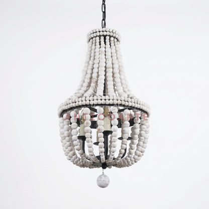 AnticoArte Whitewashed Wood Bead Empire Chandelier | Boho Coastal Beaded Basket Chandelier | 4-Light French Country Wood Bead Ceiling Light for Bedroom, Dining Room & Boutique Hotel Décor