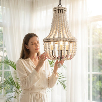 AnticoArte Whitewashed Wood Bead Empire Chandelier | Boho Coastal Beaded Basket Chandelier | 4-Light French Country Wood Bead Ceiling Light for Bedroom, Dining Room & Boutique Hotel Décor