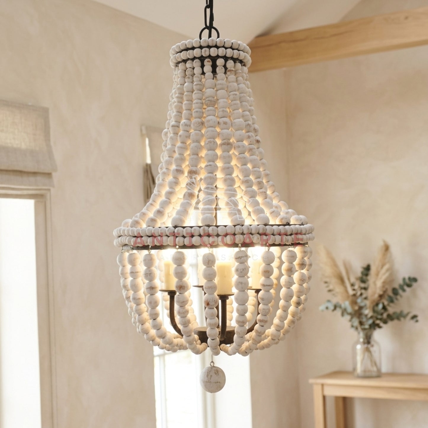 AnticoArte Whitewashed Wood Bead Empire Chandelier | Boho Coastal Beaded Basket Chandelier | 4-Light French Country Wood Bead Ceiling Light for Bedroom, Dining Room & Boutique Hotel Décor