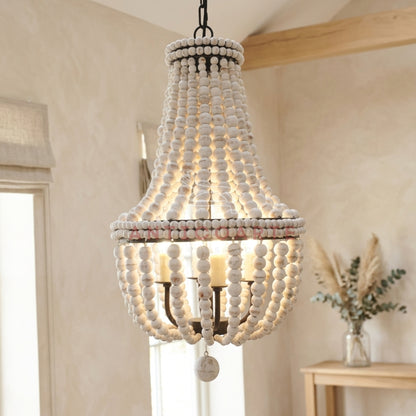 AnticoArte Whitewashed Wood Bead Empire Chandelier | Boho Coastal Beaded Basket Chandelier | 4-Light French Country Wood Bead Ceiling Light for Bedroom, Dining Room & Boutique Hotel Décor