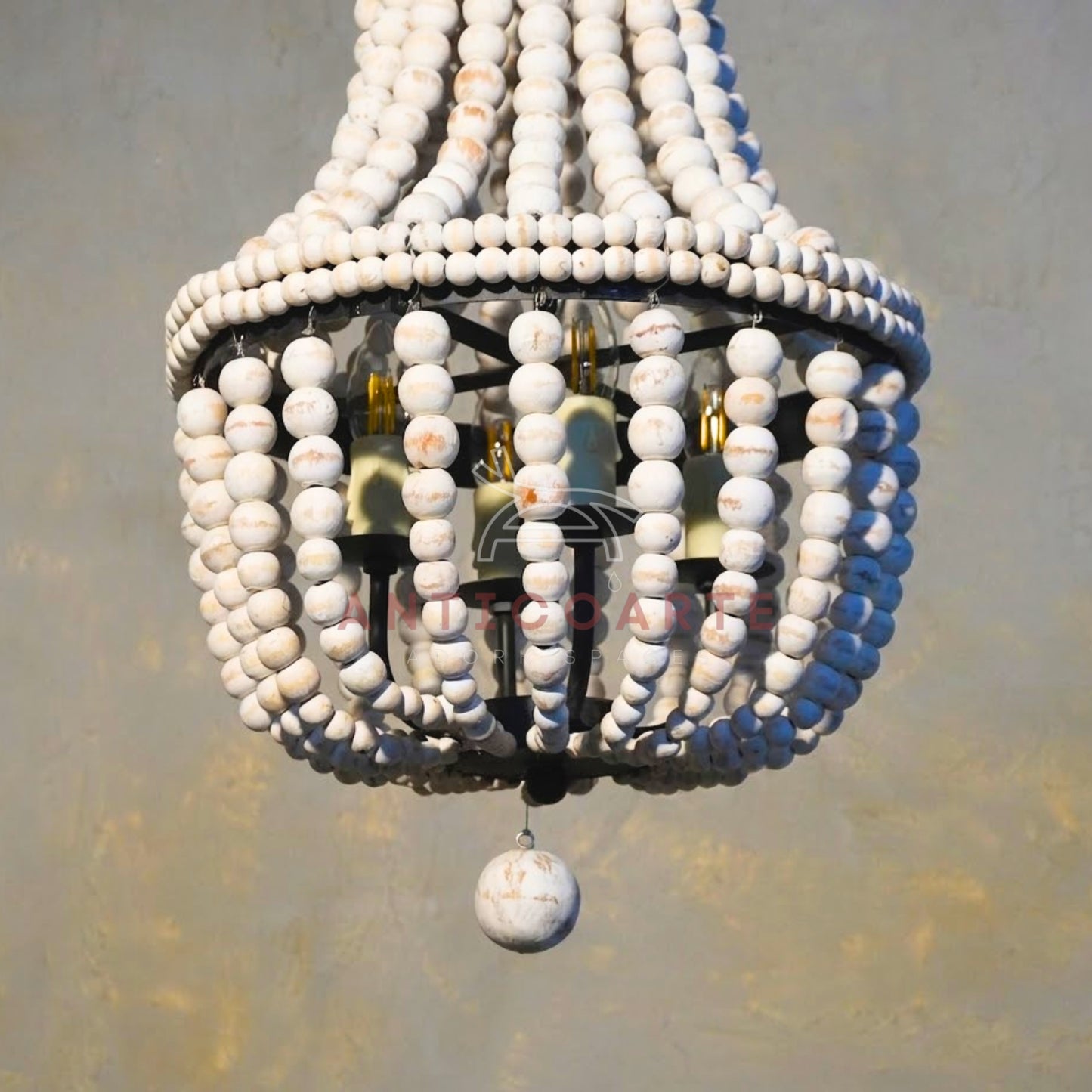 AnticoArte Whitewashed Wood Bead Empire Chandelier | Boho Coastal Beaded Basket Chandelier | 4-Light French Country Wood Bead Ceiling Light for Bedroom, Dining Room & Boutique Hotel Décor