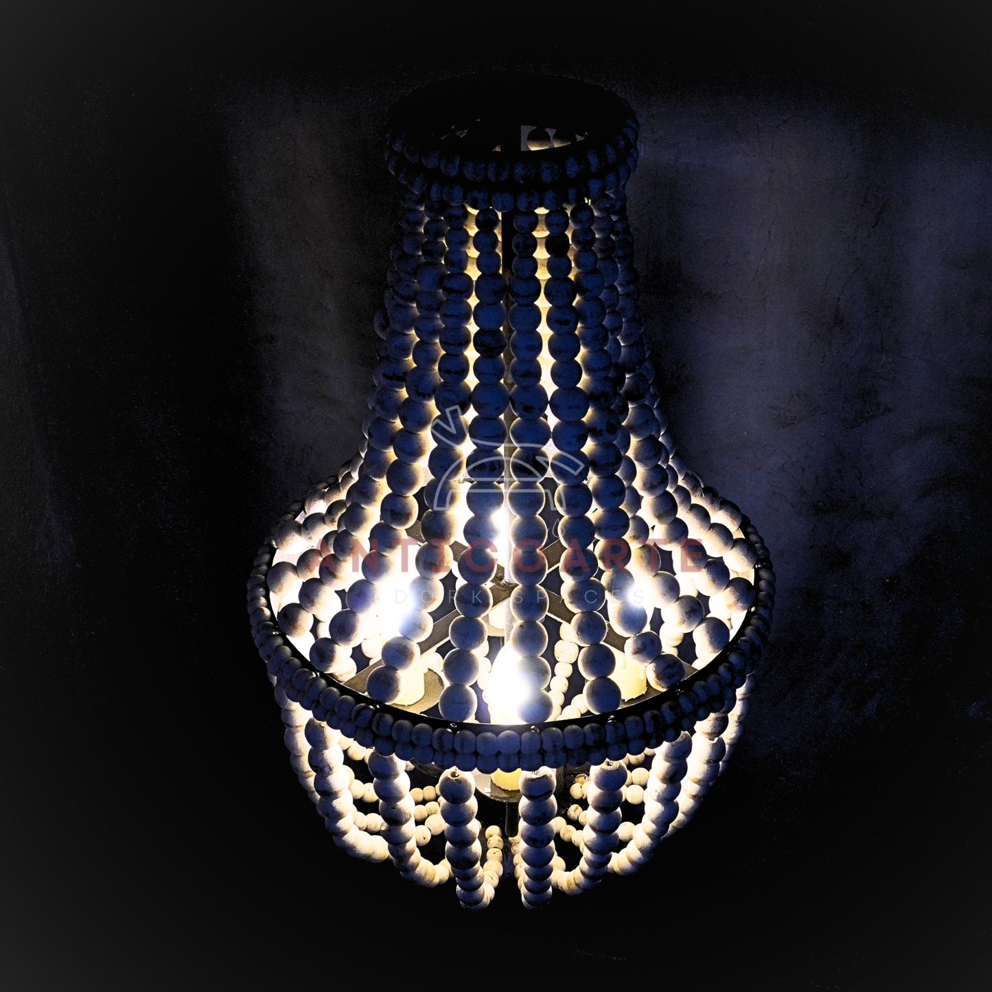 AnticoArte Whitewashed Wood Bead Empire Chandelier | Boho Coastal Beaded Basket Chandelier | 4-Light French Country Wood Bead Ceiling Light for Bedroom, Dining Room & Boutique Hotel Décor