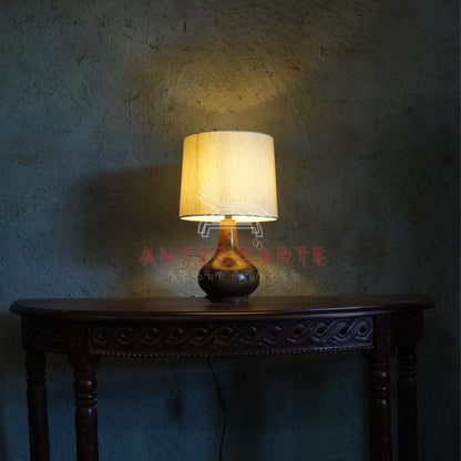 AnticoArte Teardrop Wood Table Lamp | Natural Linen Drum Shade Bedside Lamp | Hand-Turned Bulbous Wooden Base Table Light for Home & Hotel Decor