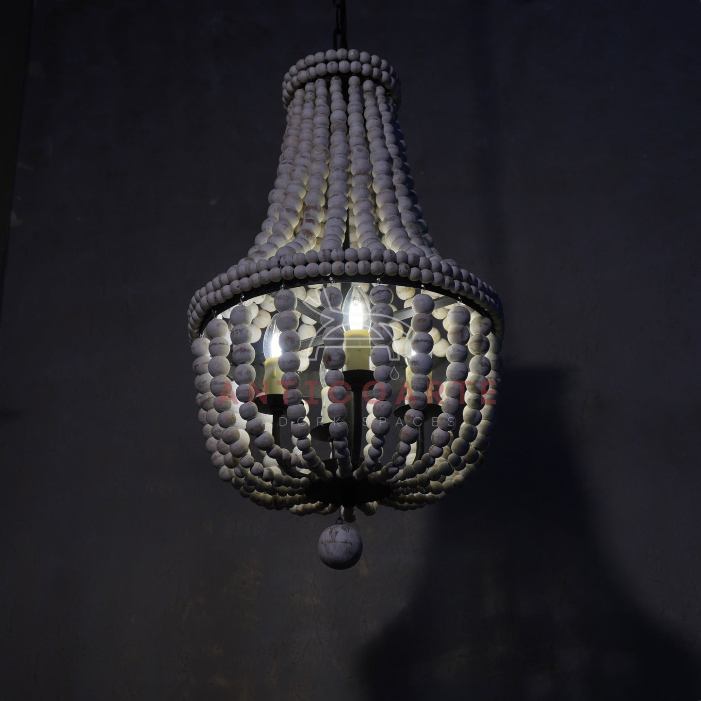 AnticoArte Whitewashed Wood Bead Empire Chandelier | Boho Coastal Beaded Basket Chandelier | 4-Light French Country Wood Bead Ceiling Light for Bedroom, Dining Room & Boutique Hotel Décor