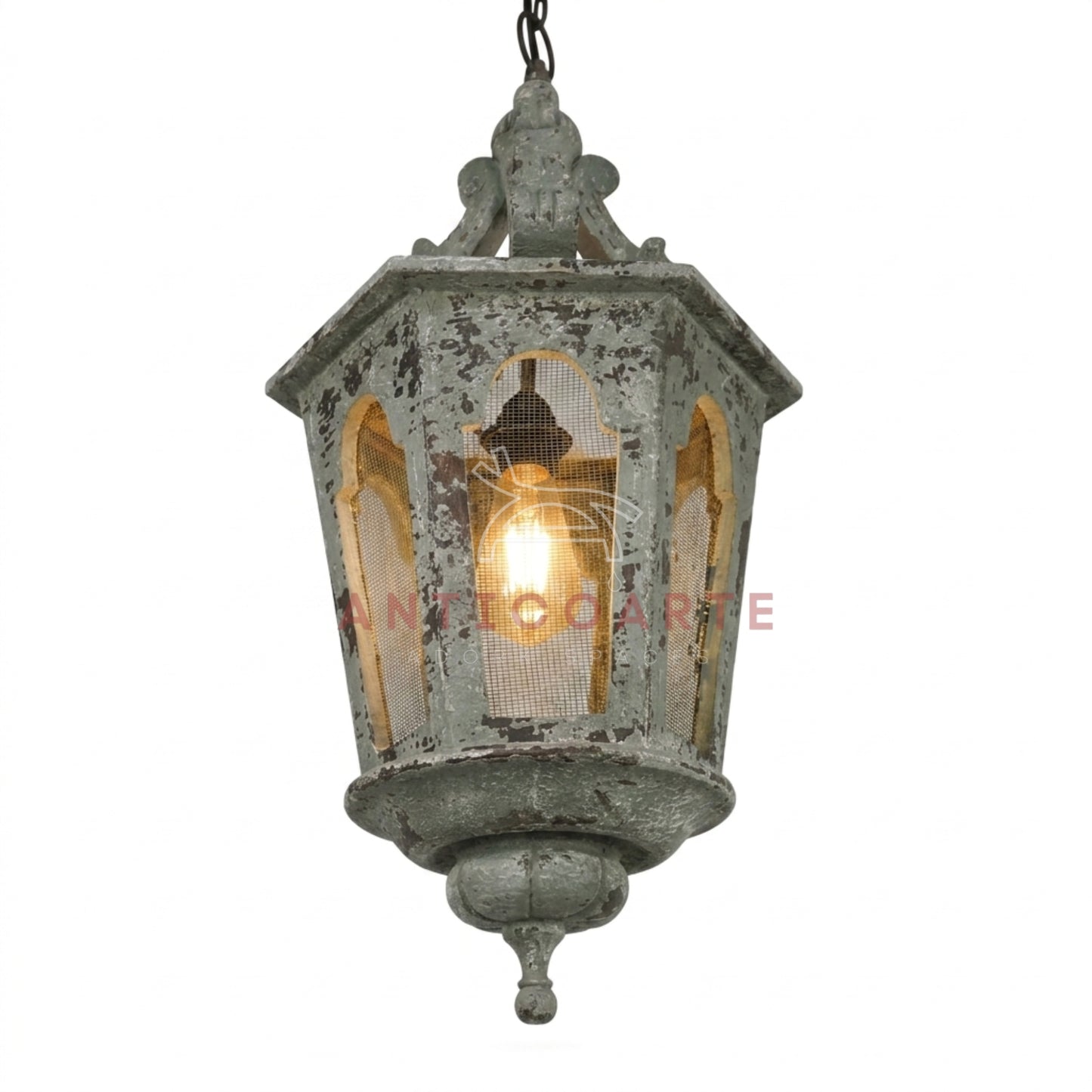 AnticoArte Gothic Arch Lantern Pendant Light | Distressed Grey Cast Iron Mesh Panel Hanging Lantern | Heritage Victorian Street Lantern Ceiling Light for Entryway, Corridor & Boutique Hotel Décor