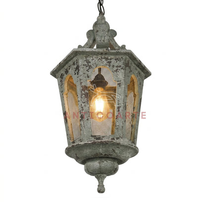 AnticoArte Gothic Arch Lantern Pendant Light | Distressed Grey Cast Iron Mesh Panel Hanging Lantern | Heritage Victorian Street Lantern Ceiling Light for Entryway, Corridor & Boutique Hotel Décor