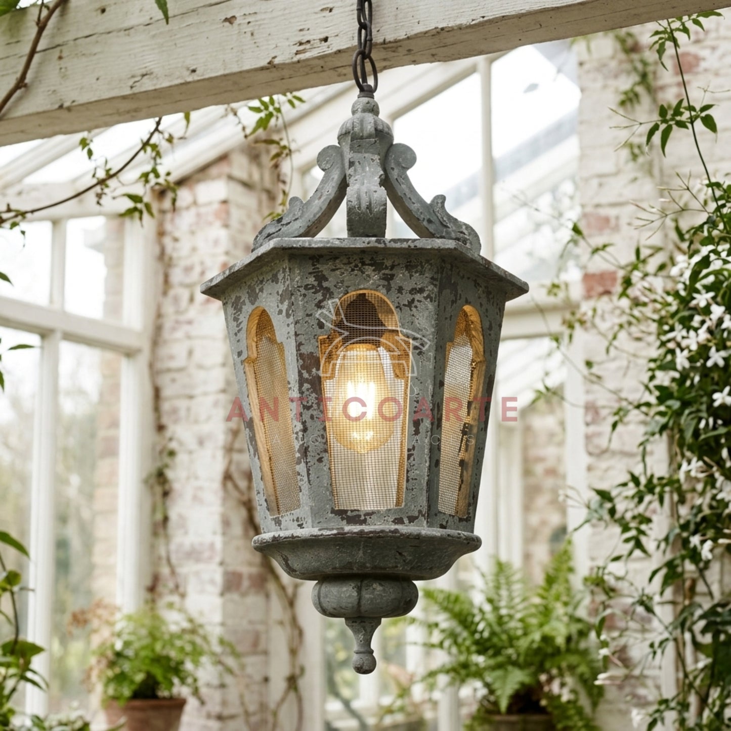 AnticoArte Gothic Arch Lantern Pendant Light | Distressed Grey Cast Iron Mesh Panel Hanging Lantern | Heritage Victorian Street Lantern Ceiling Light for Entryway, Corridor & Boutique Hotel Décor