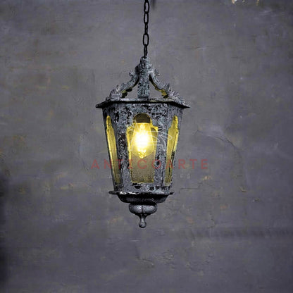 AnticoArte Gothic Arch Lantern Pendant Light | Distressed Grey Cast Iron Mesh Panel Hanging Lantern | Heritage Victorian Street Lantern Ceiling Light for Entryway, Corridor & Boutique Hotel Décor