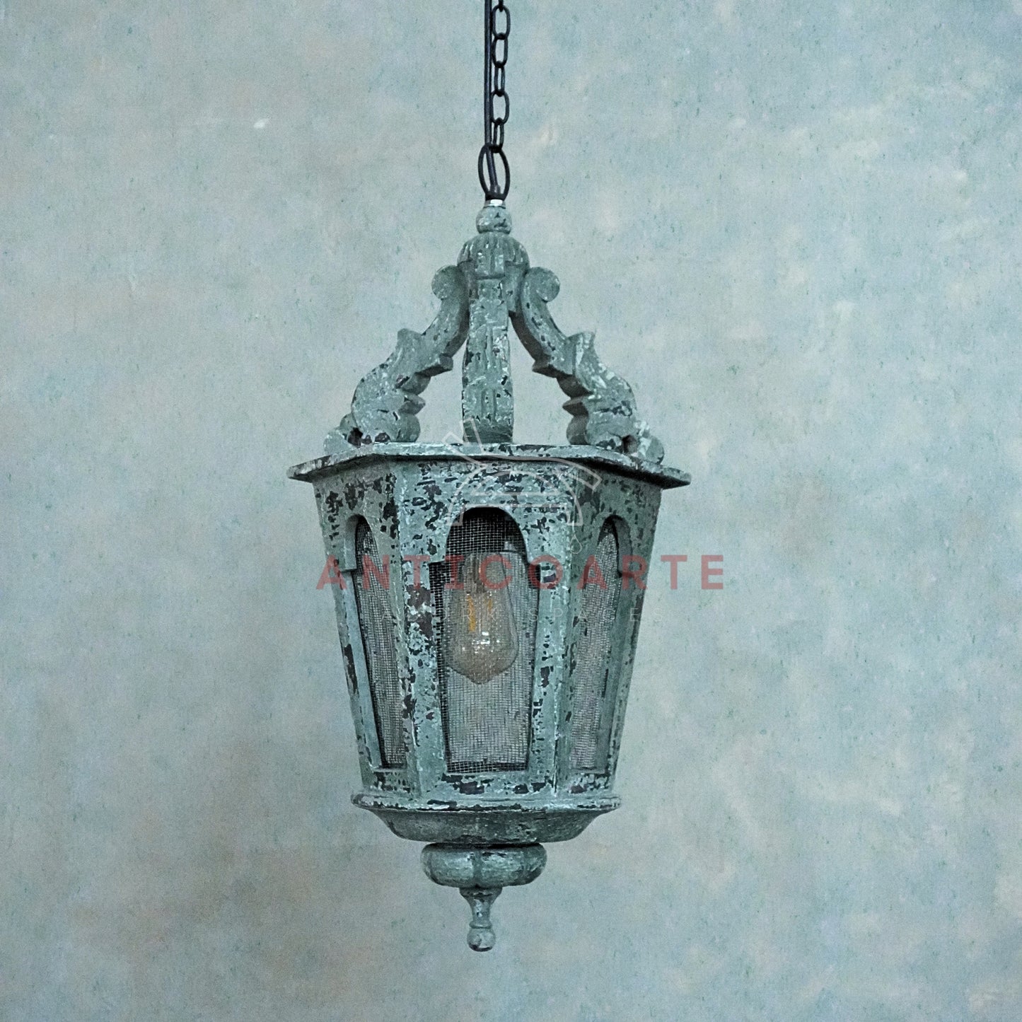 AnticoArte Gothic Arch Lantern Pendant Light | Distressed Grey Cast Iron Mesh Panel Hanging Lantern | Heritage Victorian Street Lantern Ceiling Light for Entryway, Corridor & Boutique Hotel Décor