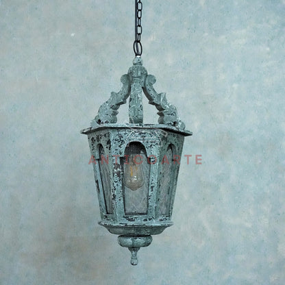 AnticoArte Gothic Arch Lantern Pendant Light | Distressed Grey Cast Iron Mesh Panel Hanging Lantern | Heritage Victorian Street Lantern Ceiling Light for Entryway, Corridor & Boutique Hotel Décor