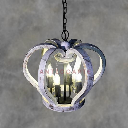 AnticoArte Distressed White Wood & Metal Crown Chandelier | 4-Light Shabby Chic Royal Crown Pendant Light | French Country Wooden Crown Ceiling Light for Bedroom, Kids Room & Boutique Hotel Décor