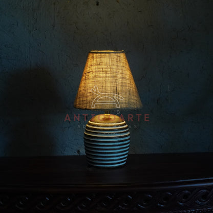 AnticoArte Ribbed Wooden Table Lamp | Textured Burlap Tapered Shade Bedside Lamp | Hand-Carved Grooved Barrel Base Light for Rustic & Boho Decor