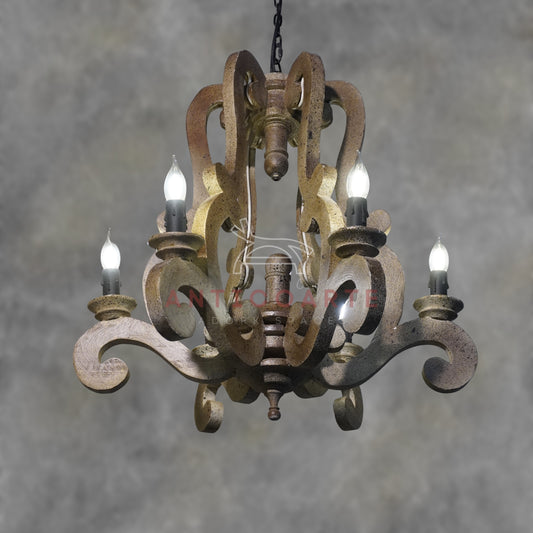 AnticoArte 6-Arm Baroque Scroll Wood Chandelier | Hand-Carved Distressed Antique Gold Mango Wood Candelabra Ceiling Light | Renaissance Colonial Statement Chandelier for Dining Room & Heritage Hotel Décor