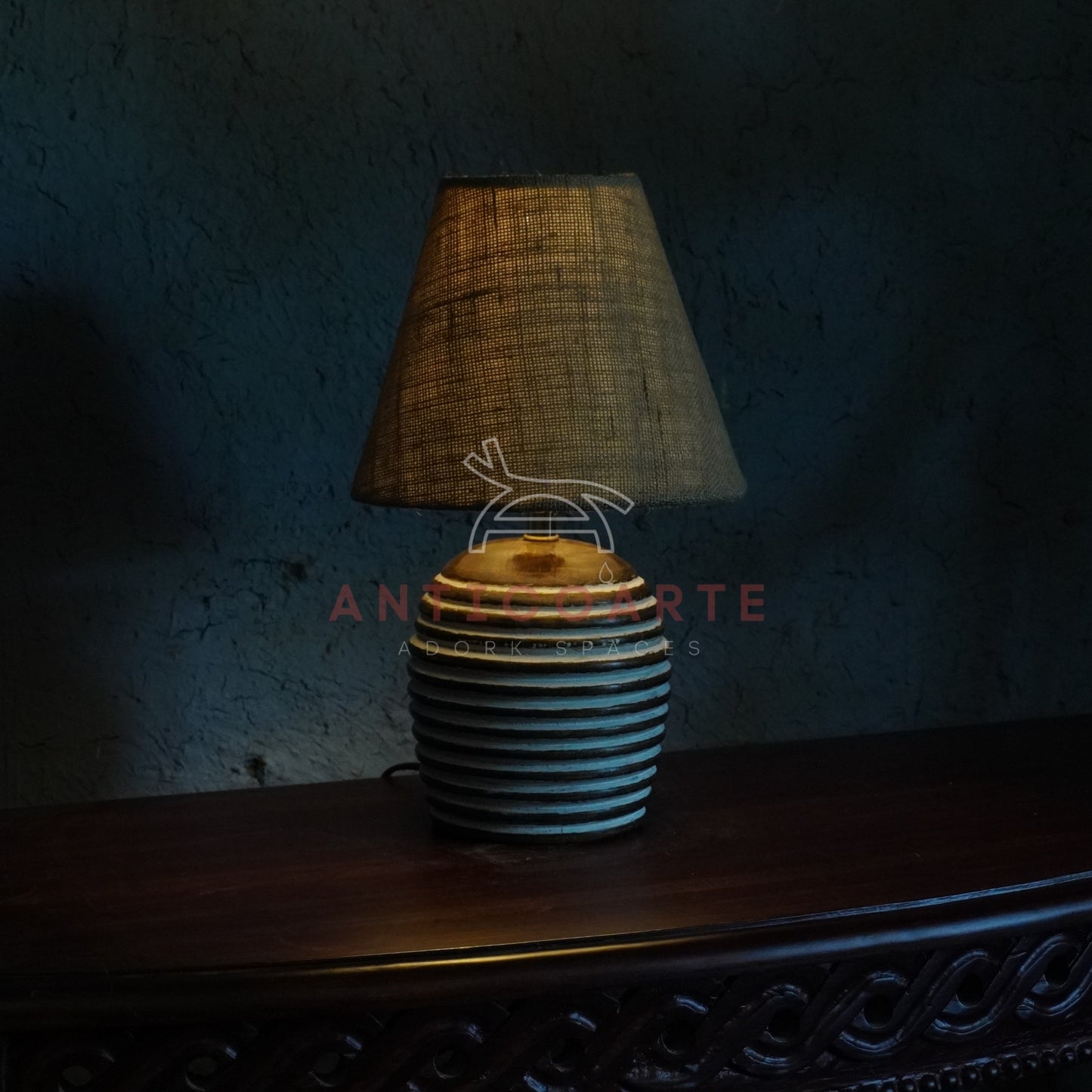 AnticoArte Ribbed Wooden Table Lamp | Textured Burlap Tapered Shade Bedside Lamp | Hand-Carved Grooved Barrel Base Light for Rustic & Boho Decor