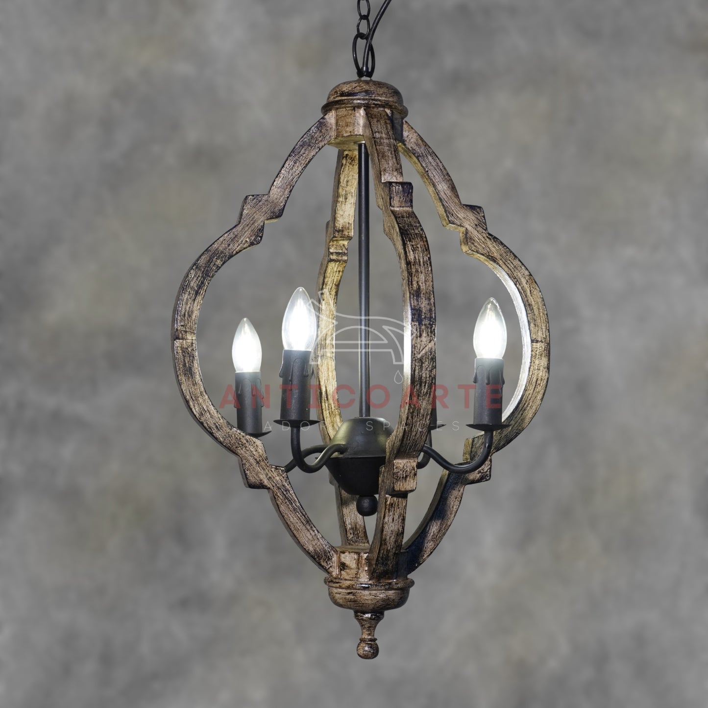AnticoArte Moroccan Quatrefoil Wood & Iron Chandelier | 4-Light Rustic Mango Wood Lantern Pendant | Moorish Arch Wooden Cage Ceiling Light for Living Room, Dining Room & Heritage Hotel Décor