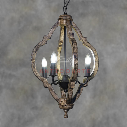 AnticoArte Moroccan Quatrefoil Wood & Iron Chandelier | 4-Light Rustic Mango Wood Lantern Pendant | Moorish Arch Wooden Cage Ceiling Light for Living Room, Dining Room & Heritage Hotel Décor
