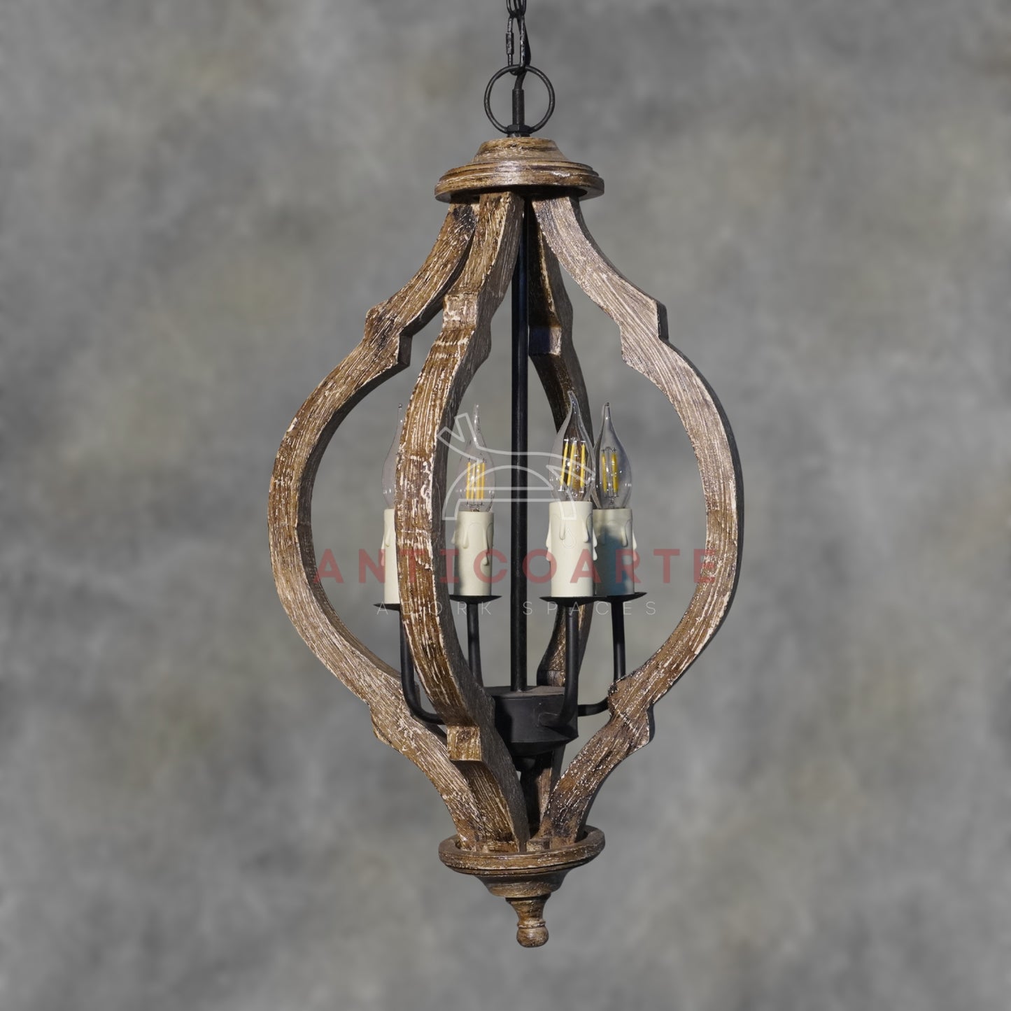 AnticoArte Moroccan Quatrefoil Wood & Iron Chandelier | 4-Light Rustic Mango Wood Lantern Pendant | Moorish Arch Wooden Cage Ceiling Light for Living Room, Dining Room & Heritage Hotel Décor