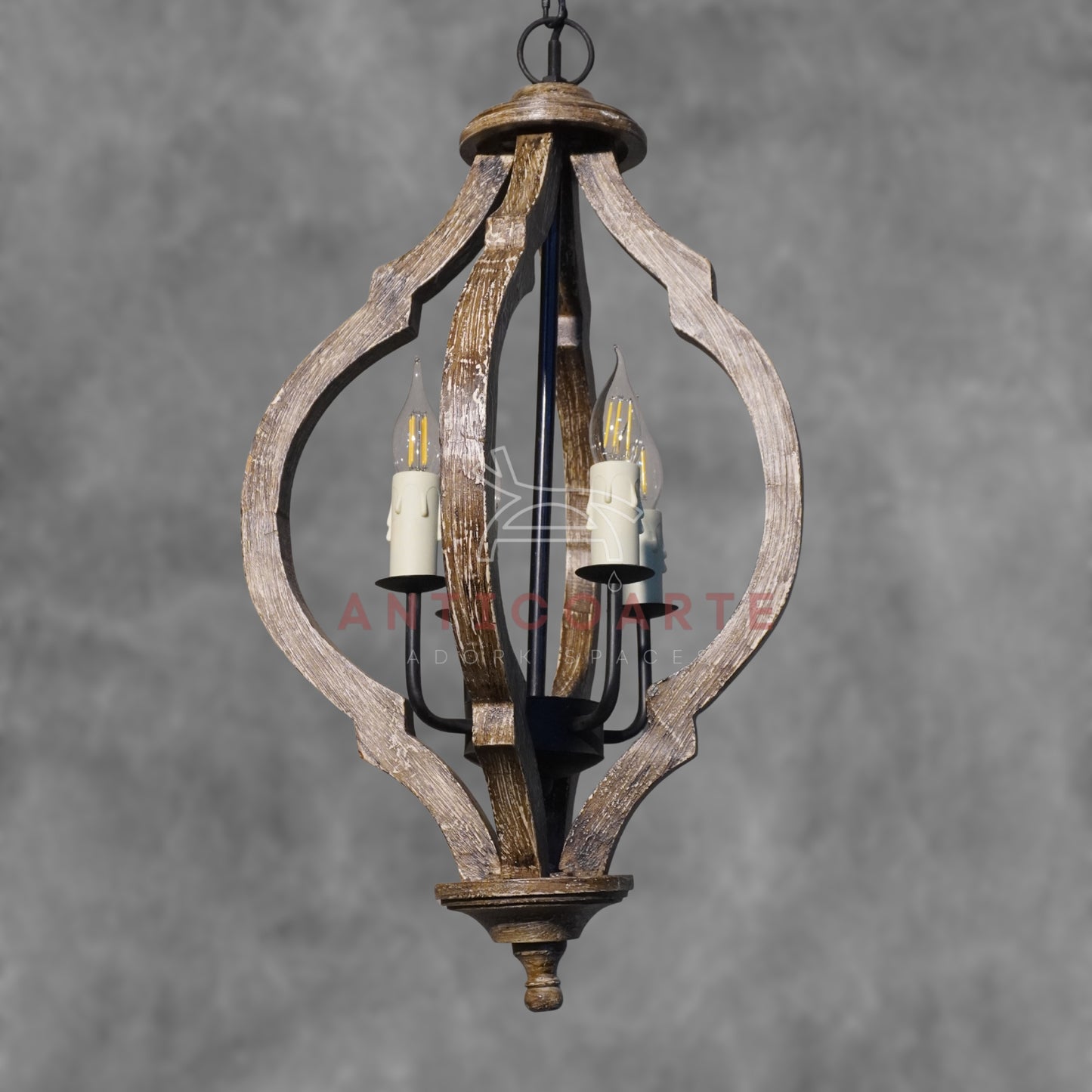 AnticoArte Moroccan Quatrefoil Wood & Iron Chandelier | 4-Light Rustic Mango Wood Lantern Pendant | Moorish Arch Wooden Cage Ceiling Light for Living Room, Dining Room & Heritage Hotel Décor