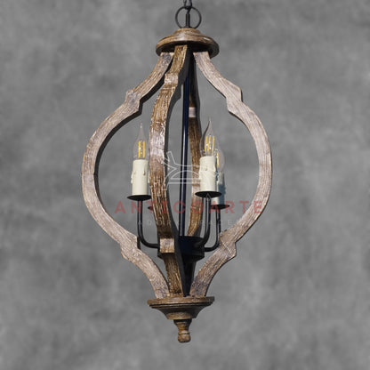AnticoArte Moroccan Quatrefoil Wood & Iron Chandelier | 4-Light Rustic Mango Wood Lantern Pendant | Moorish Arch Wooden Cage Ceiling Light for Living Room, Dining Room & Heritage Hotel Décor