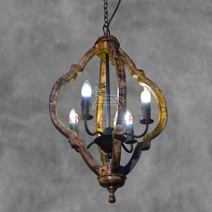 AnticoArte Moroccan Quatrefoil Wood & Iron Chandelier | 4-Light Rustic Mango Wood Lantern Pendant | Moorish Arch Wooden Cage Ceiling Light for Living Room, Dining Room & Heritage Hotel Décor