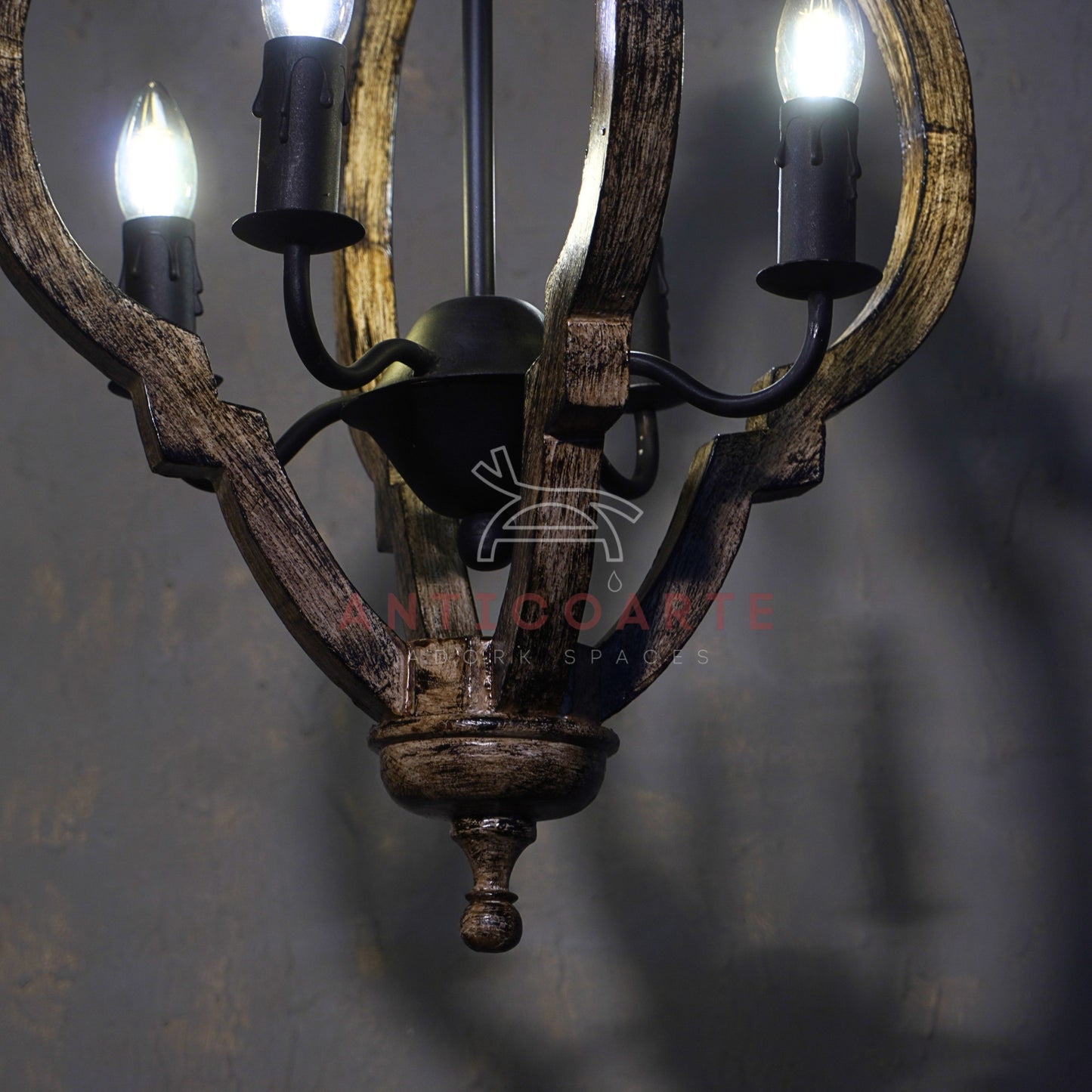 AnticoArte Moroccan Quatrefoil Wood & Iron Chandelier | 4-Light Rustic Mango Wood Lantern Pendant | Moorish Arch Wooden Cage Ceiling Light for Living Room, Dining Room & Heritage Hotel Décor