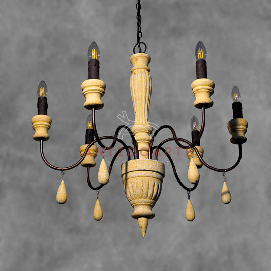 AnticoArte 6-Arm Distressed Wood & Wrought Iron Chandelier | Hand-Carved Mango Wood Candelabra with Wooden Teardrop Pendants | French Country Farmhouse Ceiling Light for Dining Room & Hotel Décor