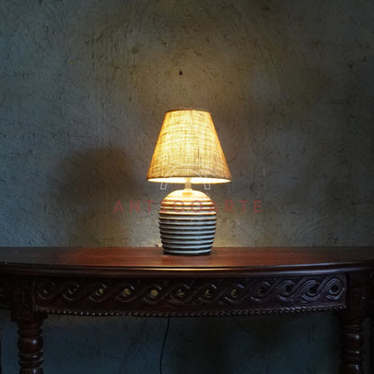 AnticoArte Ribbed Wooden Table Lamp | Textured Burlap Tapered Shade Bedside Lamp | Hand-Carved Grooved Barrel Base Light for Rustic & Boho Decor