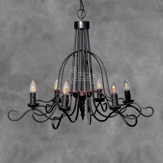 AnticoArte 6-Arm Black Iron Scroll Chandelier | Hand-Forged Witch Hat Cage Candelabra Ceiling Light | Gothic Industrial Chandelier for Dining Room, Living Room & Heritage Hotel Décor