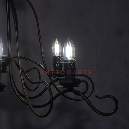 AnticoArte 6-Arm Black Iron Scroll Chandelier | Hand-Forged Witch Hat Cage Candelabra Ceiling Light | Gothic Industrial Chandelier for Dining Room, Living Room & Heritage Hotel Décor