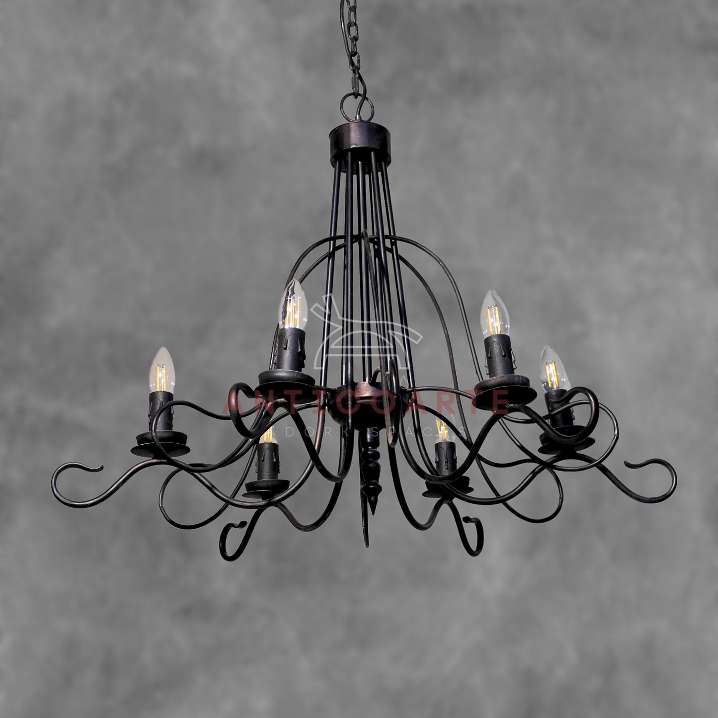 AnticoArte 6-Arm Black Iron Scroll Chandelier | Hand-Forged Witch Hat Cage Candelabra Ceiling Light | Gothic Industrial Chandelier for Dining Room, Living Room & Heritage Hotel Décor