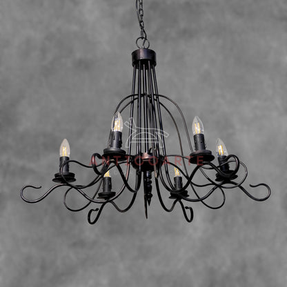 AnticoArte 6-Arm Black Iron Scroll Chandelier | Hand-Forged Witch Hat Cage Candelabra Ceiling Light | Gothic Industrial Chandelier for Dining Room, Living Room & Heritage Hotel Décor