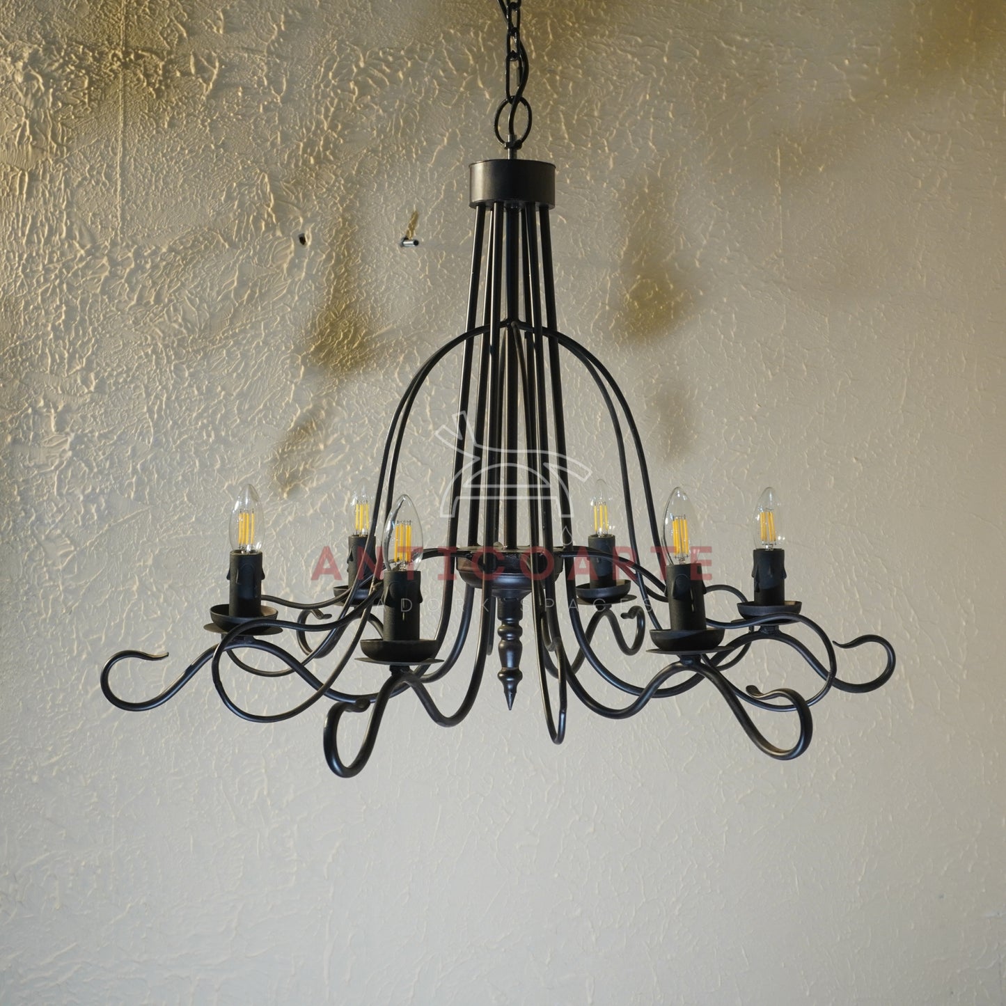 AnticoArte 6-Arm Black Iron Scroll Chandelier | Hand-Forged Witch Hat Cage Candelabra Ceiling Light | Gothic Industrial Chandelier for Dining Room, Living Room & Heritage Hotel Décor