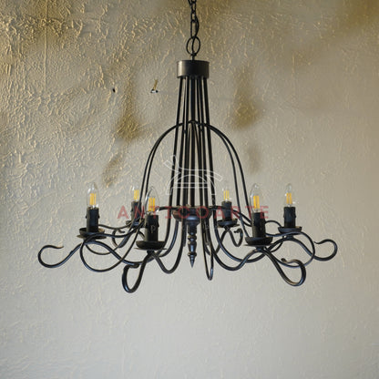 AnticoArte 6-Arm Black Iron Scroll Chandelier | Hand-Forged Witch Hat Cage Candelabra Ceiling Light | Gothic Industrial Chandelier for Dining Room, Living Room & Heritage Hotel Décor