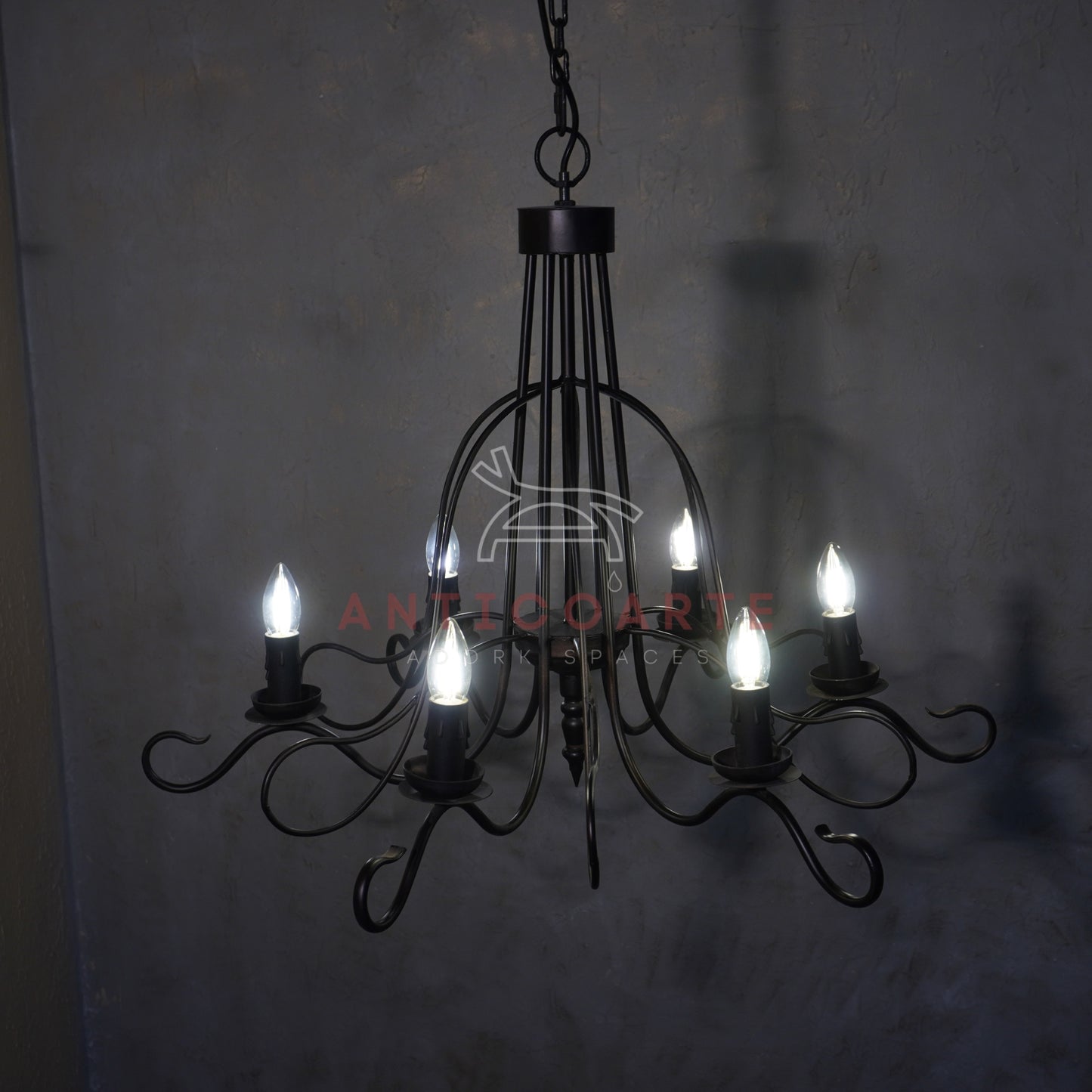 AnticoArte 6-Arm Black Iron Scroll Chandelier | Hand-Forged Witch Hat Cage Candelabra Ceiling Light | Gothic Industrial Chandelier for Dining Room, Living Room & Heritage Hotel Décor